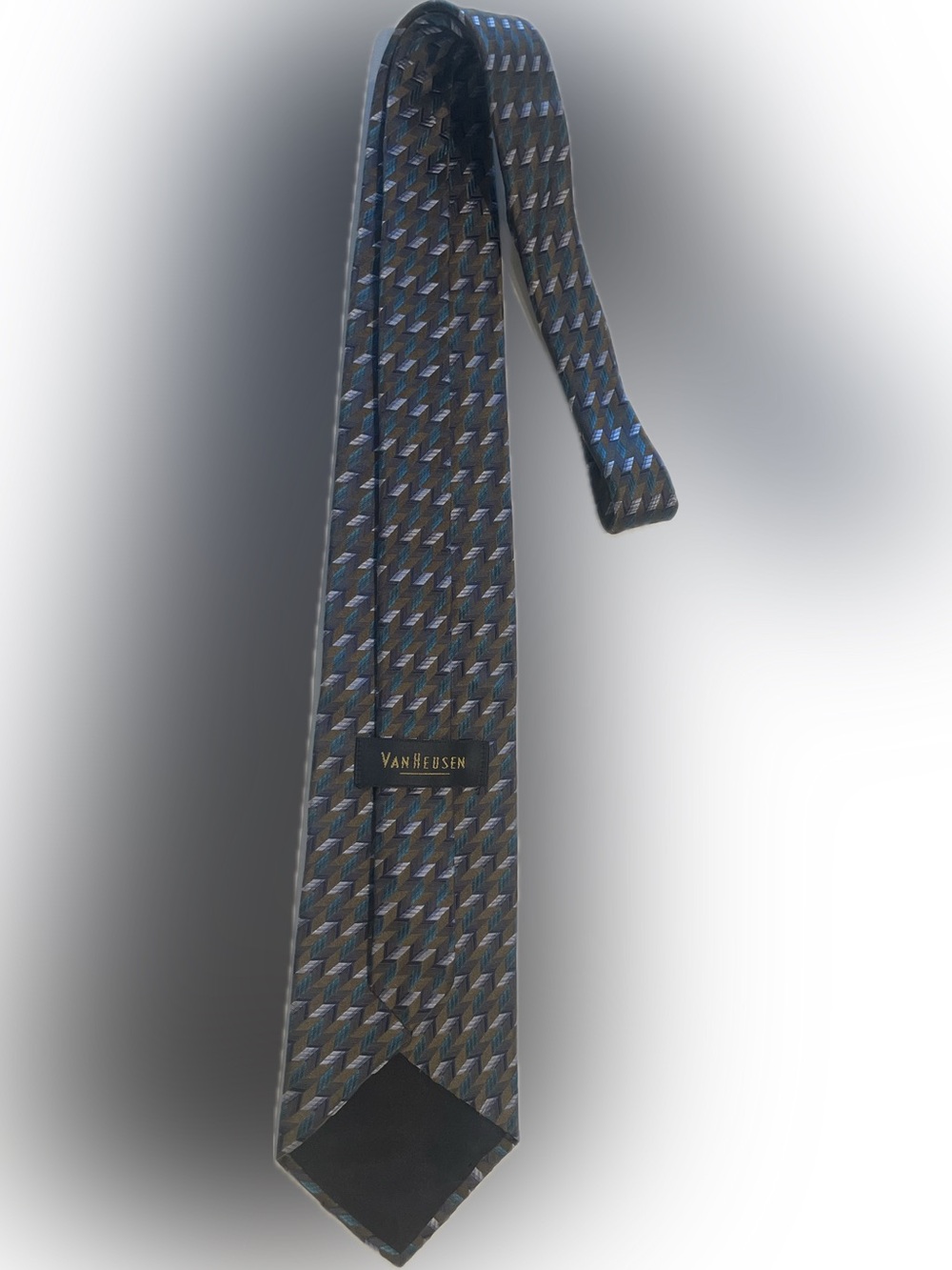 Van Heusen Brown Tie with Blue Geometric Motif